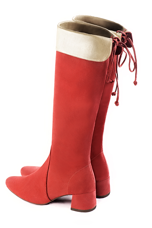 Scarlet red and gold women's knee-high boots, with laces at the back. Round toe. Low flare heels. Made to measure. Rear view - Florence KOOIJMAN